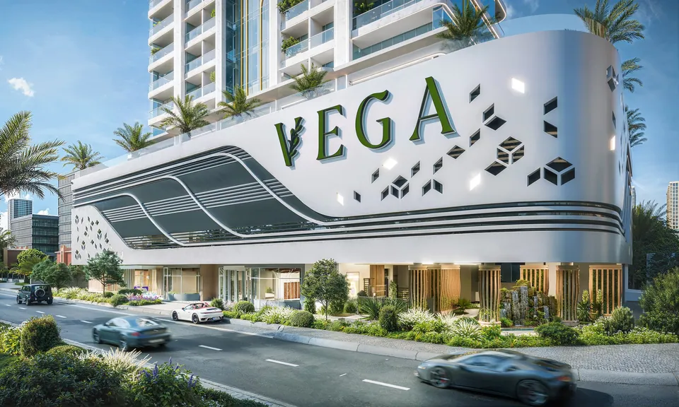 Vega residential tower entrance, Dubai Sports City